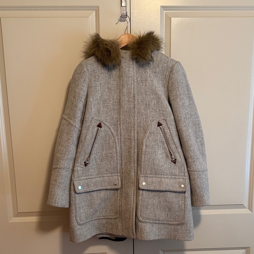 J Crew Wool Blend Coat with Fur Trim - Light Gray